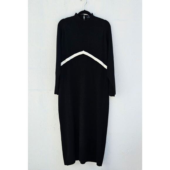 Vintage Maxi Dress Womens 2X Black White Wool Knit Mod 60s 70s Retro Old Money - Picture 1 of 10